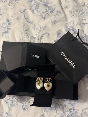 CHANEL Gold-Tone Double C Heart Drop Earrings with Pearl Hearts